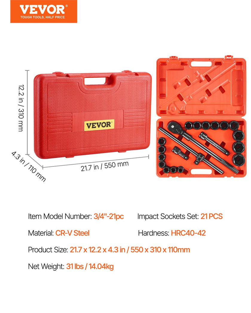 Impact Socket Set Impact Sockets 3/4 Inches 21 Piece 3/4 Inches to 2 Inches SAE