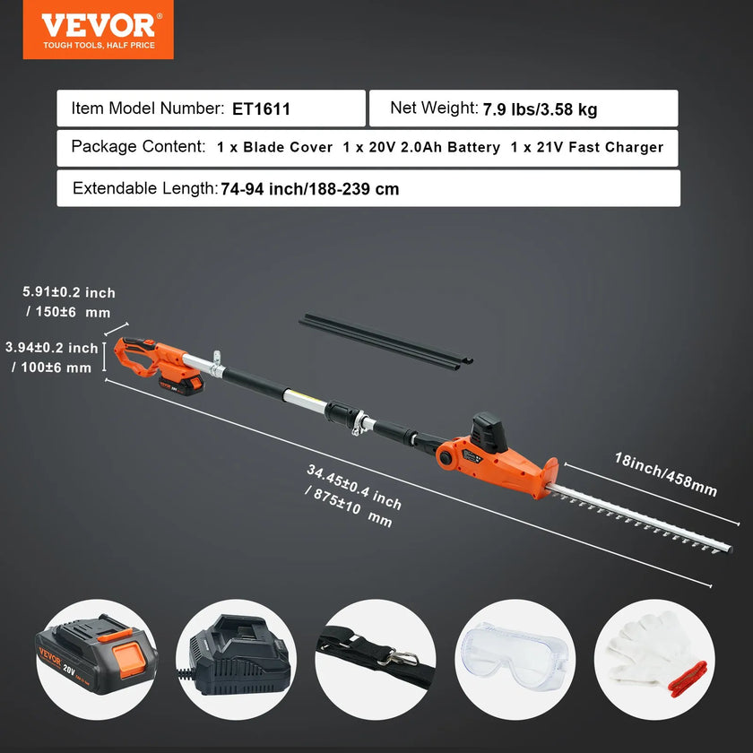 VEVOR 20V Cordless Hedge Trimmer, 18 inch Double-edged Steel Blade, Pole Hedge Trimmer Kit 20V Battery, Fast Charger Included, 74