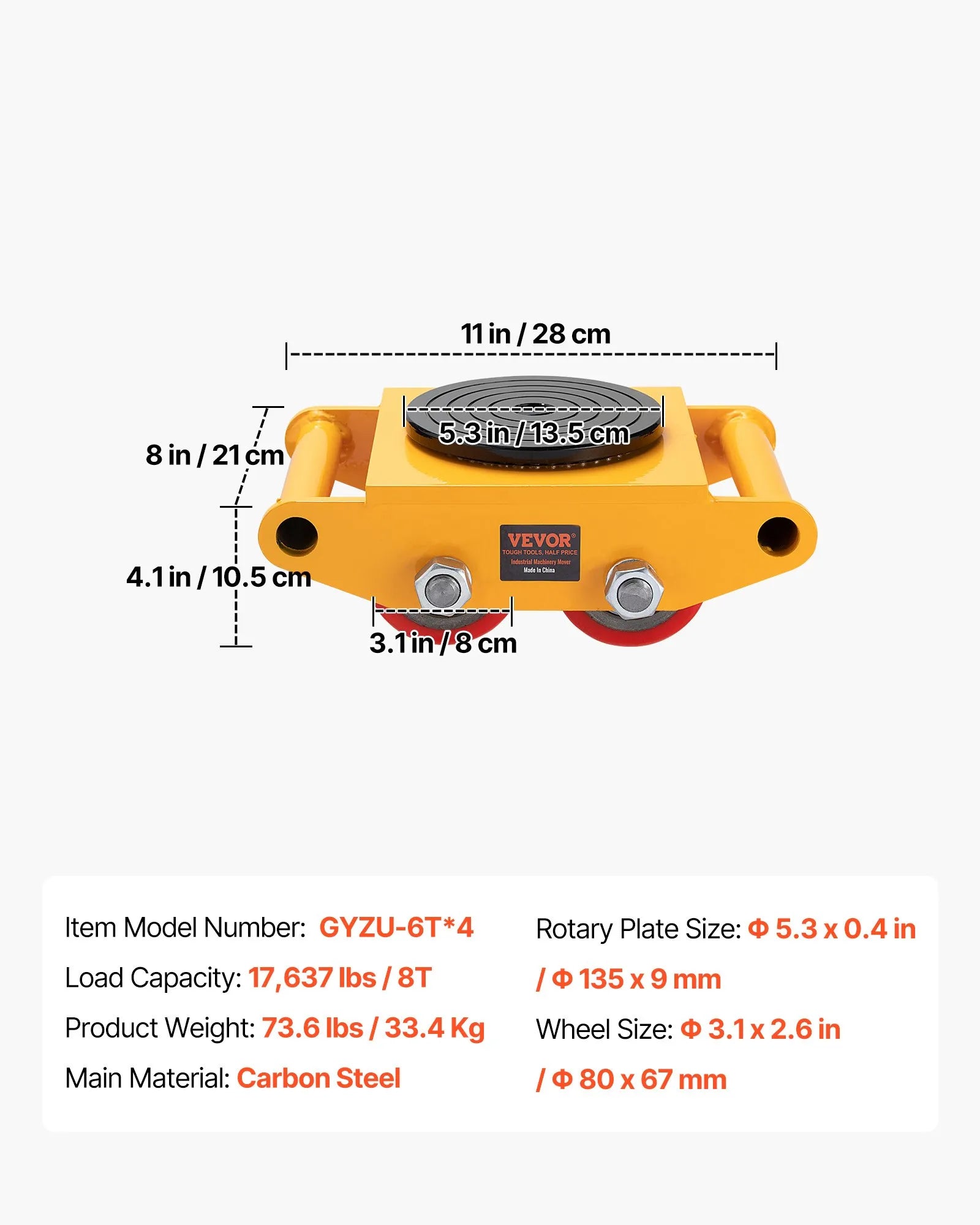 VEVOR 4PCS Machinery Skate Dolly, 17637LBS/8T Industrial Machinery Mover, Heavy Duty Carbon Steel Machinery Moving Skate with 4 PU Wheels and 360° Rotation Non-Slip Cap for Warehouse Workshop Factory