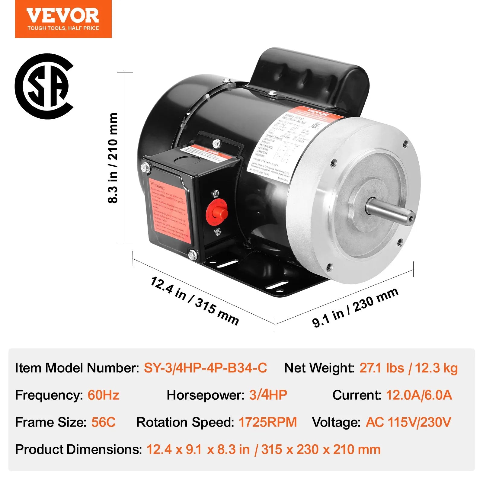 VEVOR 0.75HP Electric Motor 1725RPM AC115/230V 56C Frame 1-Phase 5/8