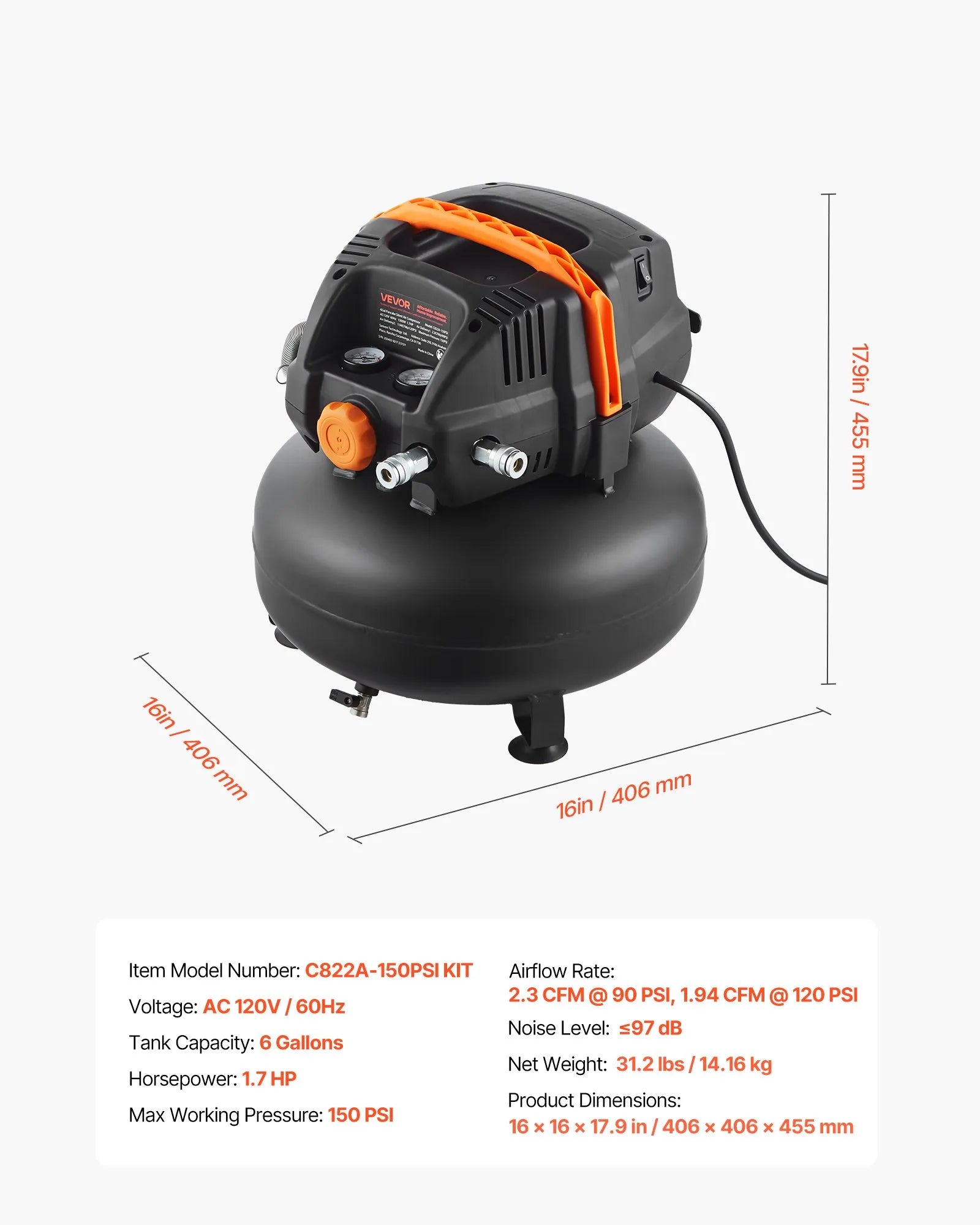 VEVOR 6 Gallon Air Compressor 1.7HP 2.3CFM @ 90PSI with 12-Piece Accessory Kit