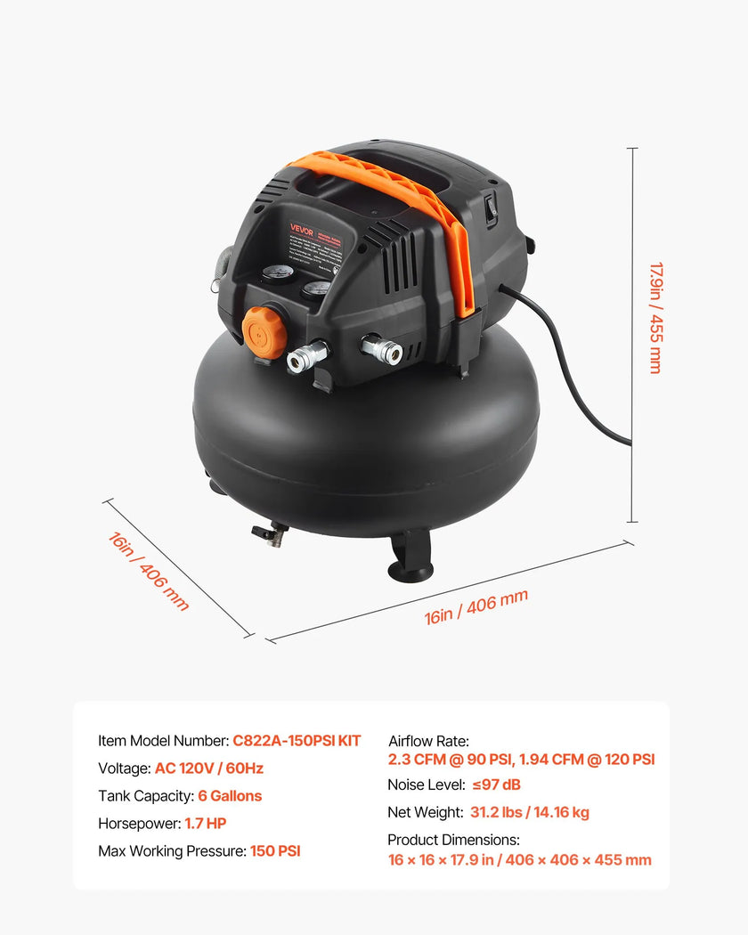 VEVOR 6 Gallon Air Compressor 1.7HP 2.3CFM @ 90PSI with 12-Piece Accessory Kit