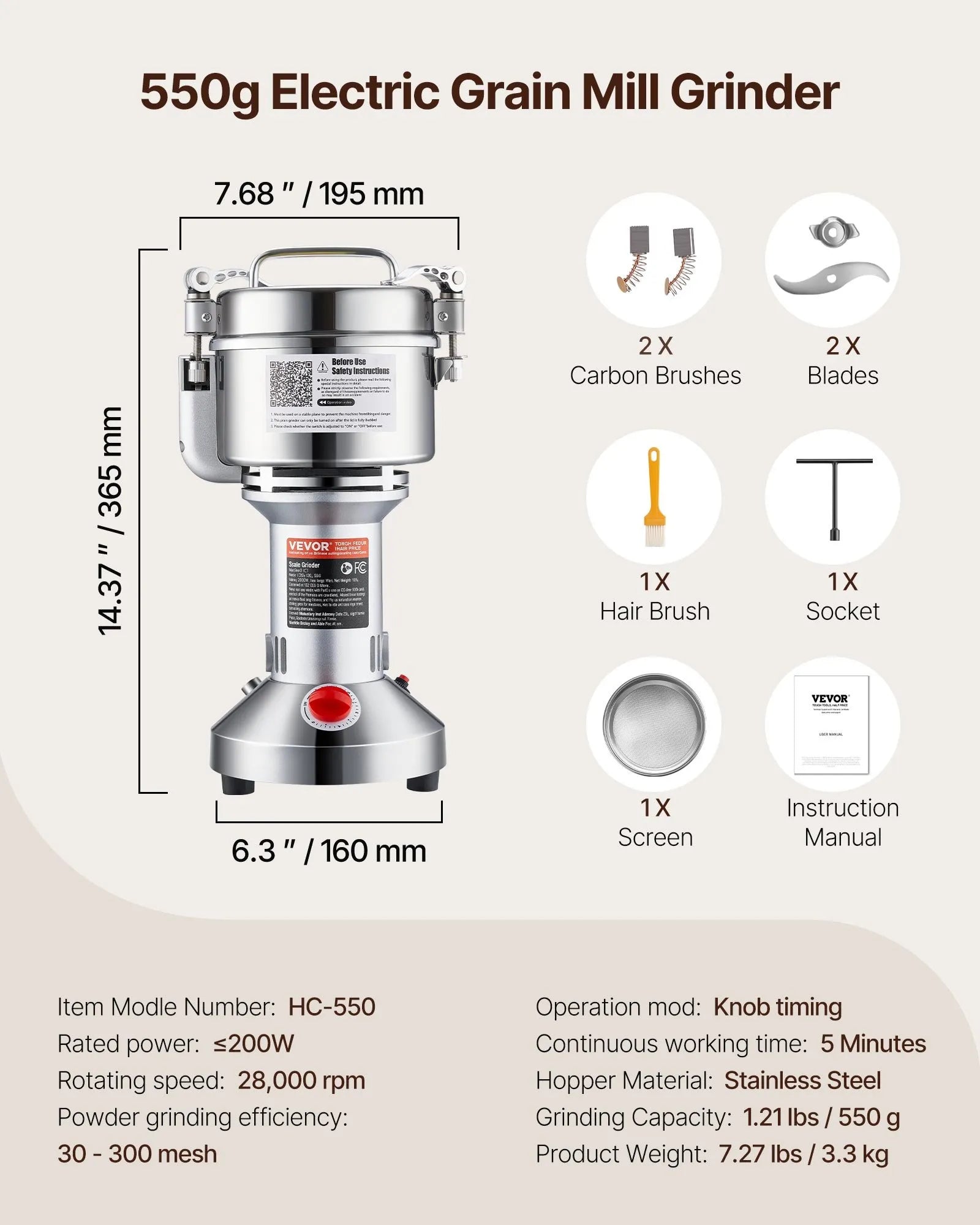 VEVOR 550g Commercial Spice Grinder Electric Grain Mill Grinder High Speed