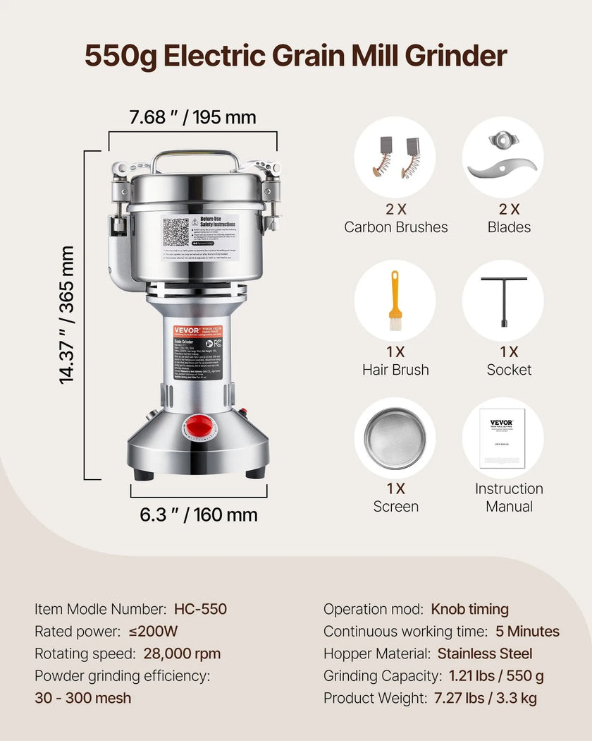 VEVOR 550g Commercial Spice Grinder Electric Grain Mill Grinder High Speed
