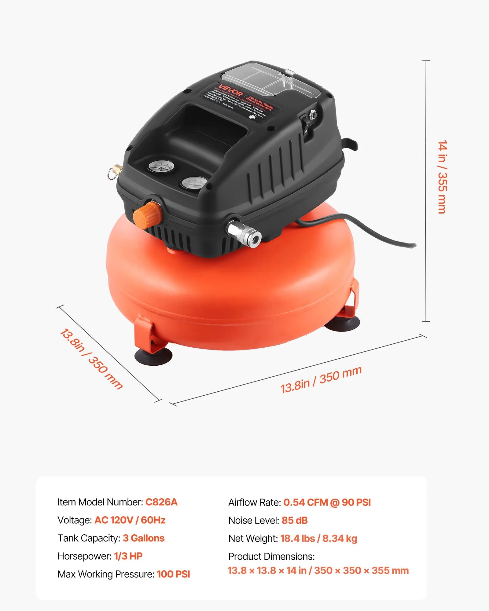 VEVOR 3 Gallon Air Compressor 1/3HP 0.54CFM@90PSI & 100PSI Max Working Pressure