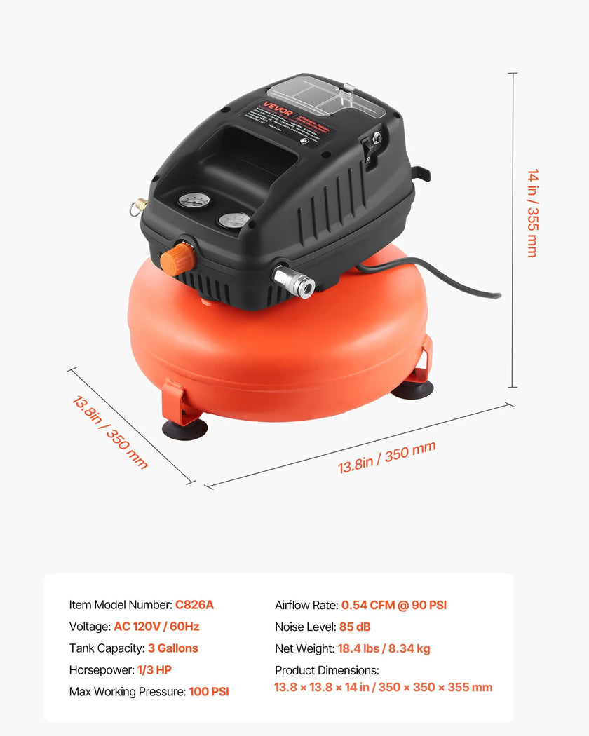 VEVOR 3 Gallon Air Compressor 1/3HP 0.54CFM@90PSI & 100PSI Max Working Pressure