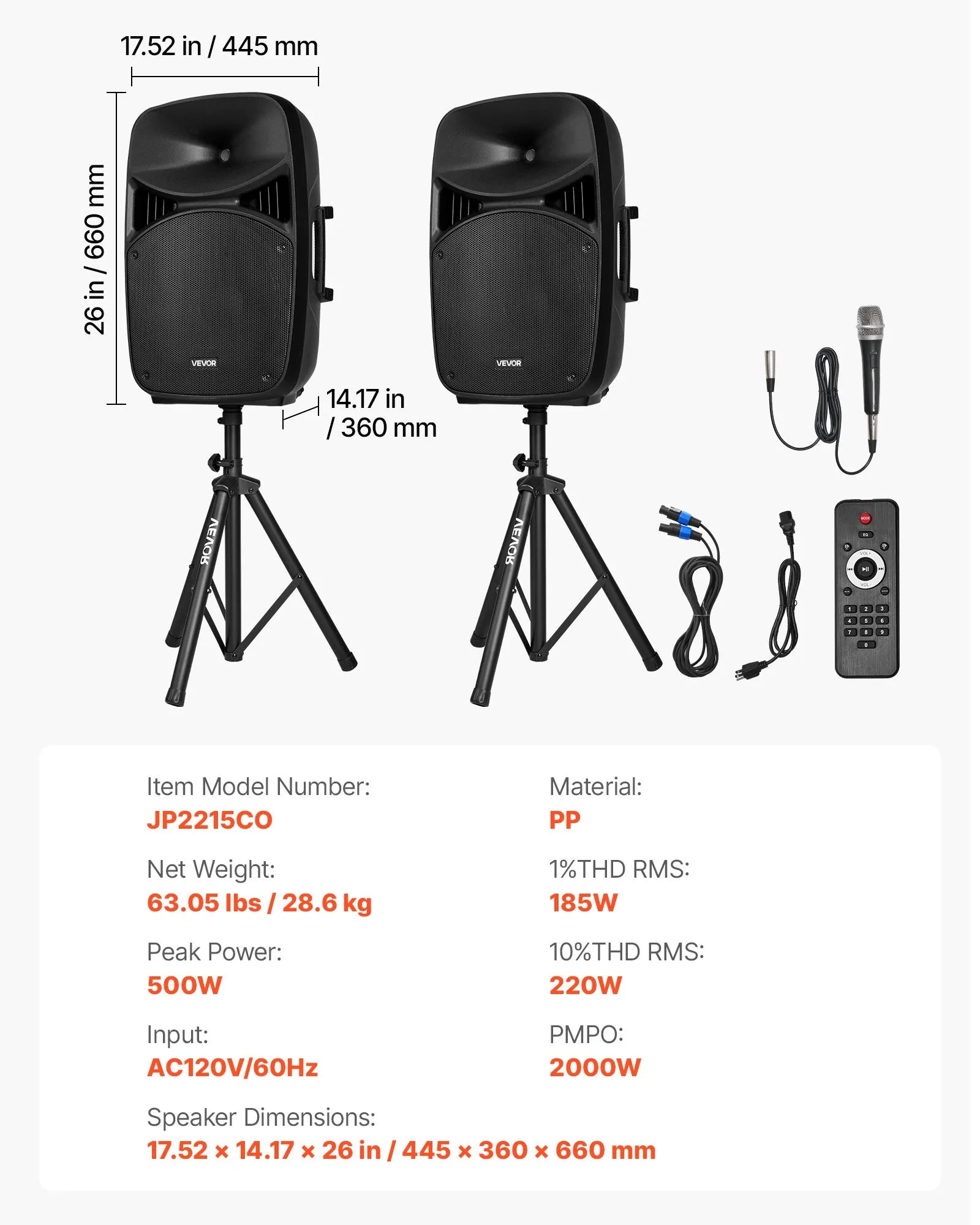 VEVOR 2 X 15 in Speakers Portable PA System 2000W Mixer Bluetooth Mic for DJ