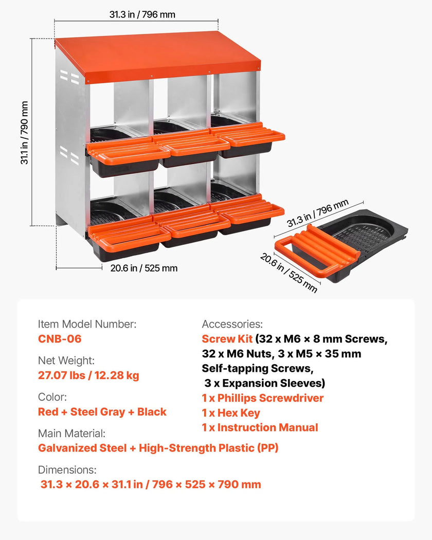 VEVOR 6-Compartment Chicken Nest Box Mental Box with Inclined Nesting Boxes