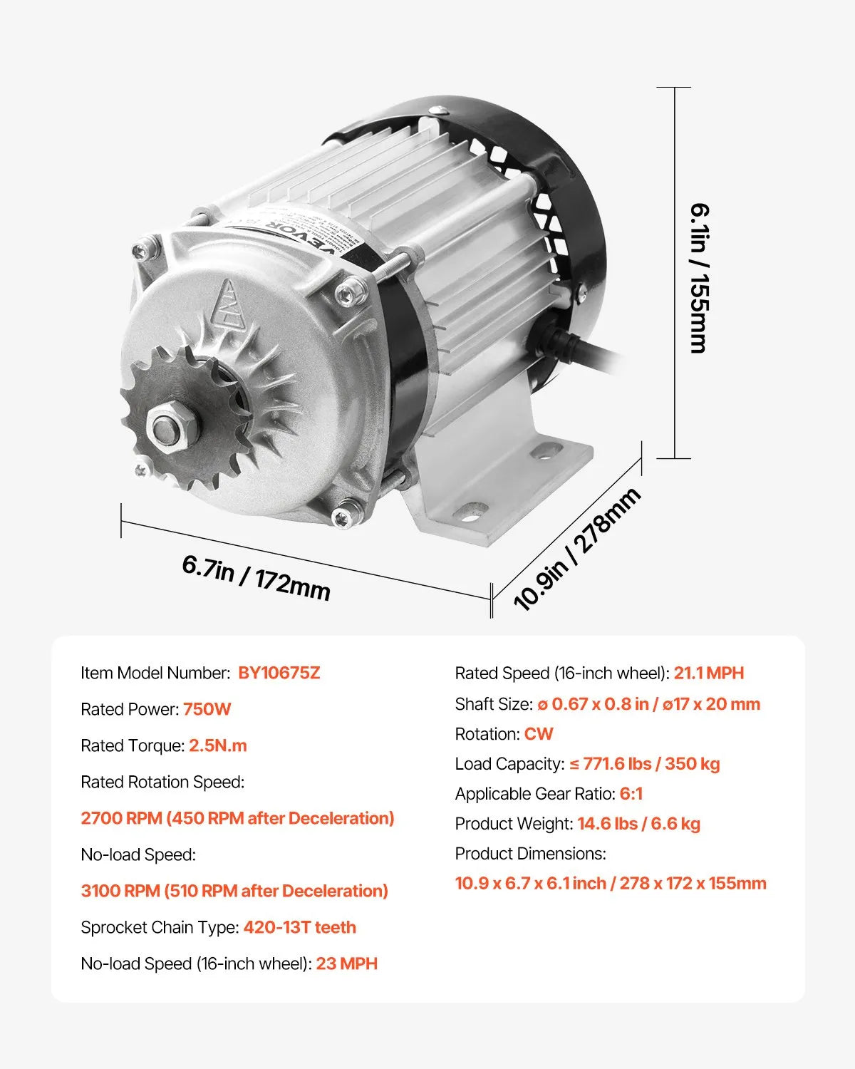 VEVOR 750W Electric Brushless DC Motor Kit 48V 2700rpm with Upgraded Controller