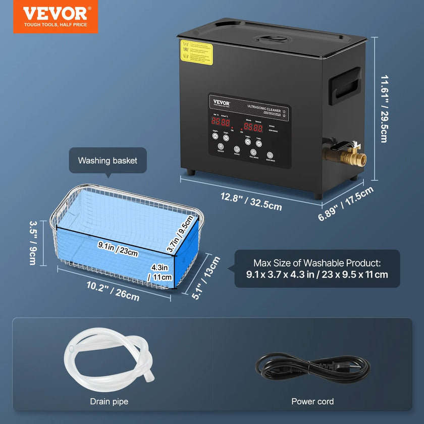 VEVOR 6L Ultra Sonic Cleaner Cleaning Machine with Basket Heater and Timer 180W