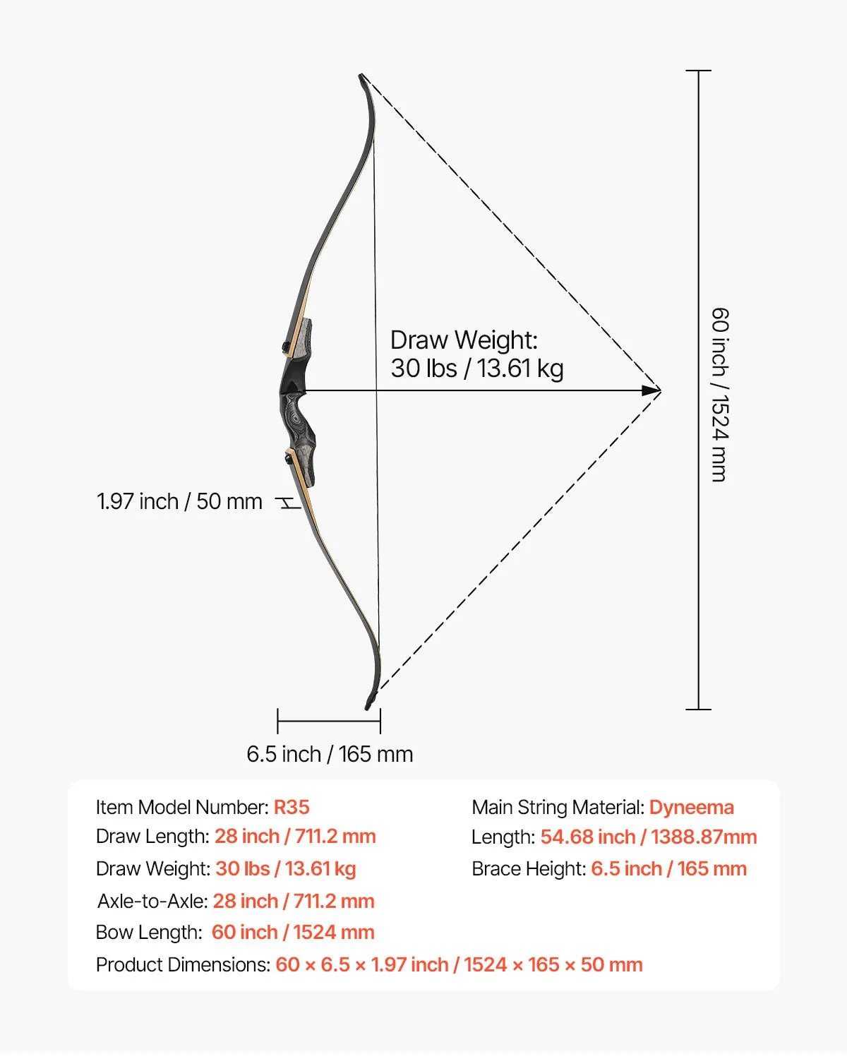 VEVOR 60in Takedown Recurve Bow Wooden Bow Arrows Kit Hunting Practice 30 lbs