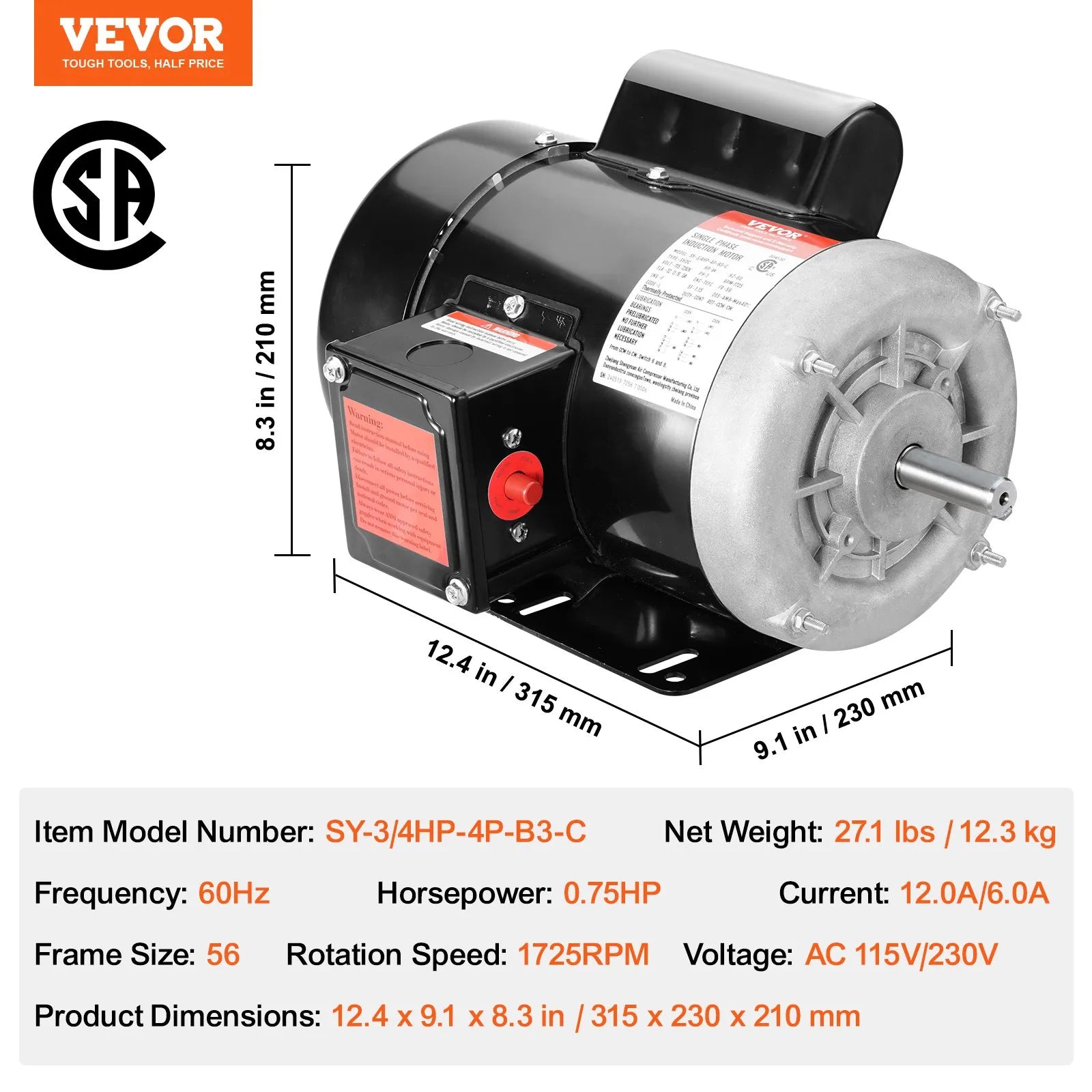 VEVOR 0.75HP Electric Motor 1725RPM AC115/230V 56 Frame 1-Phase 5/8