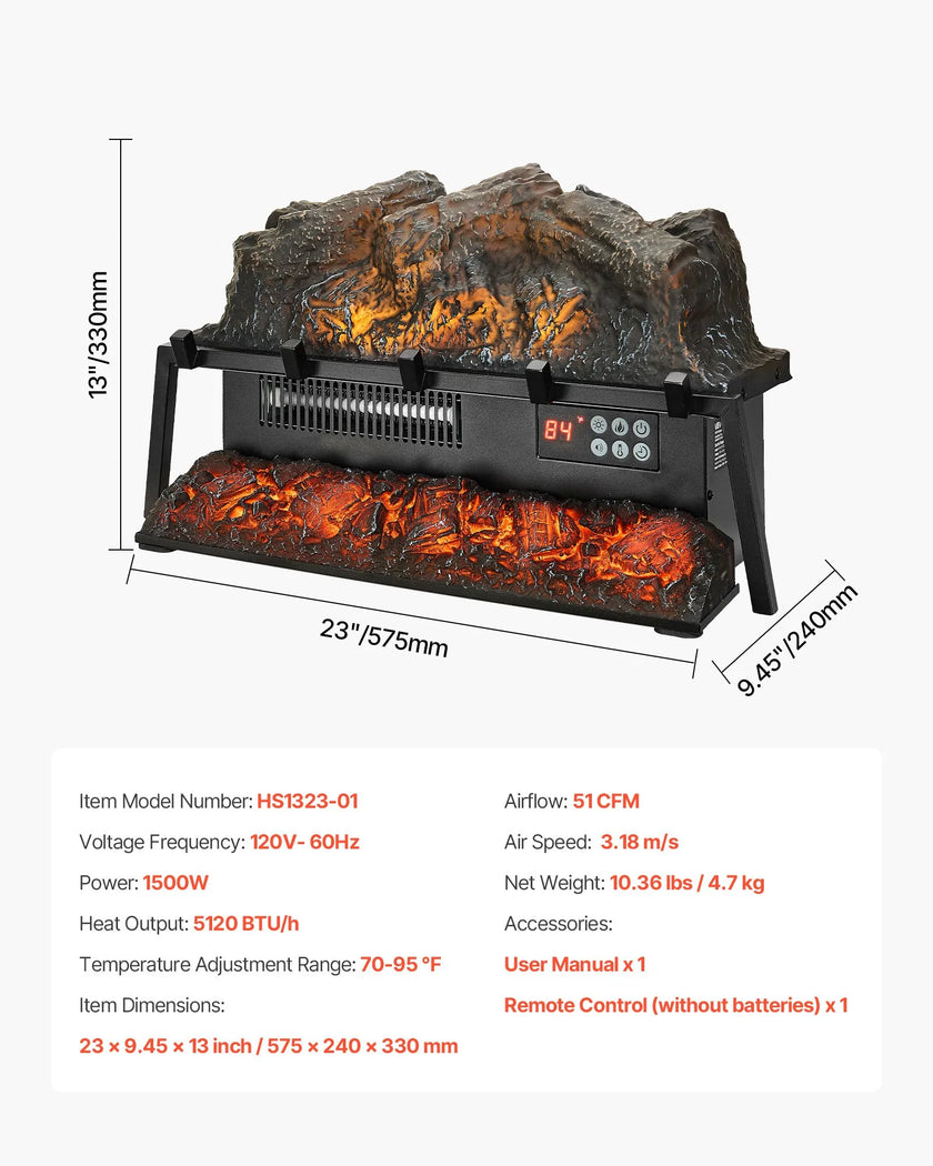 VEVOR 23 Inch Electric Fireplace Log Heater with Crackling Sound Timer Remote