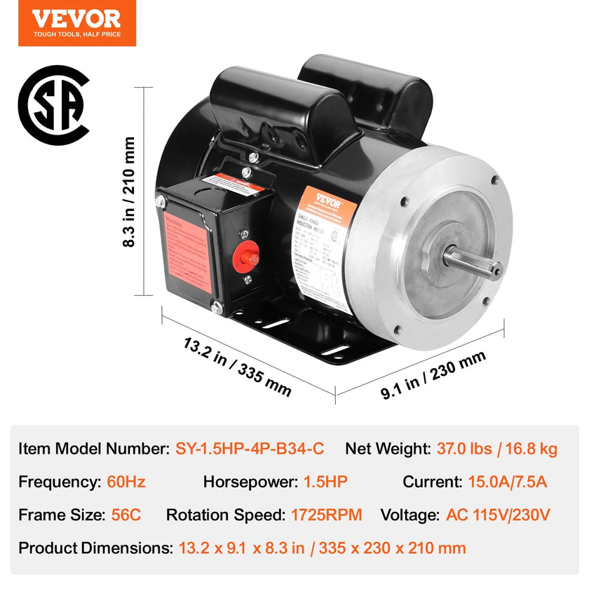 VEVOR 1.5HP Electric Motor 1725RPM AC115/230V 56C Frame 1-Phase 5/8
