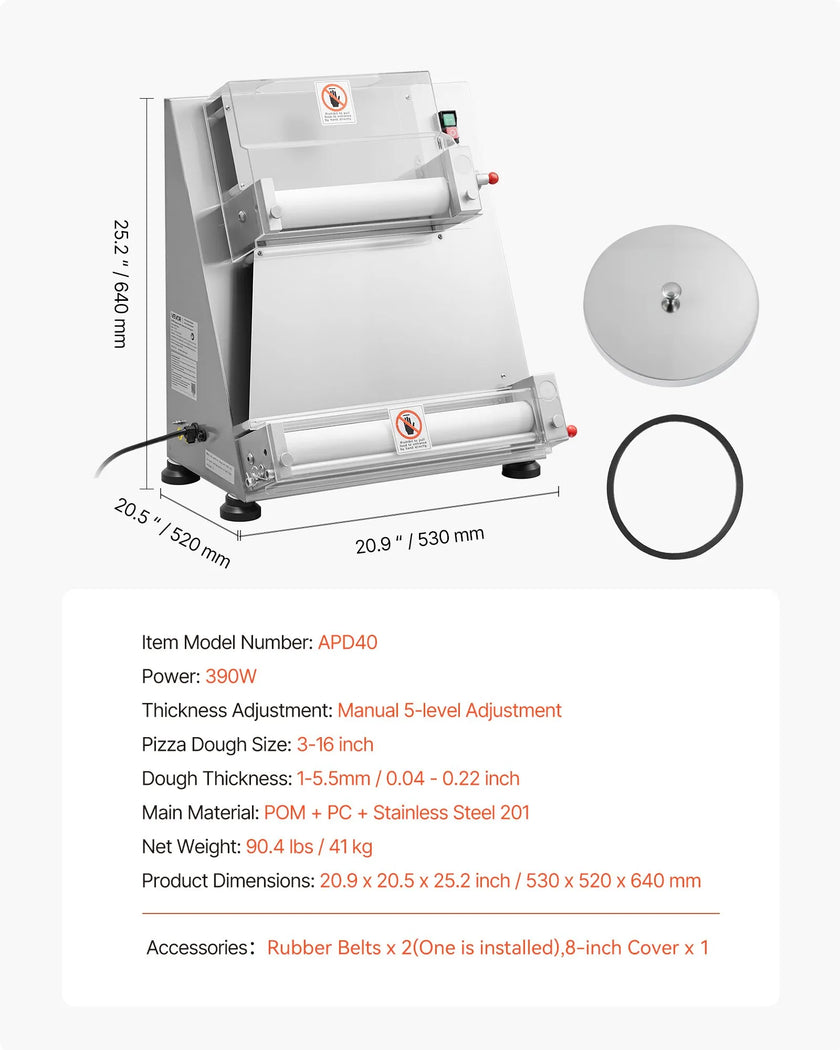 VEVOR 16 Inch Pizza Dough Roller Sheeter Semi-automatic Commercial Dough Press