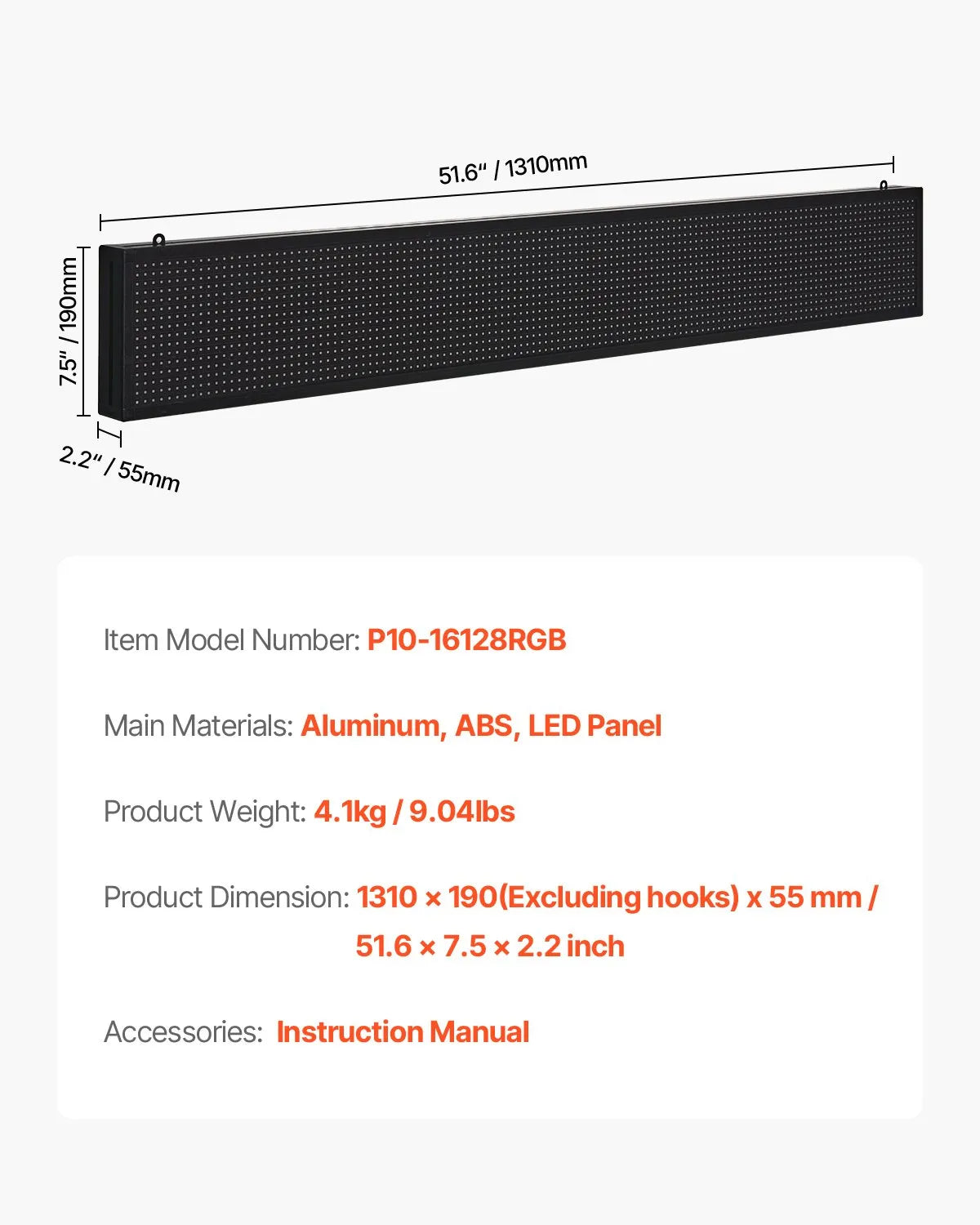 VEVOR 52x8in Programmable LED Sign Digital Scrolling Display Board P10 Fullcolor