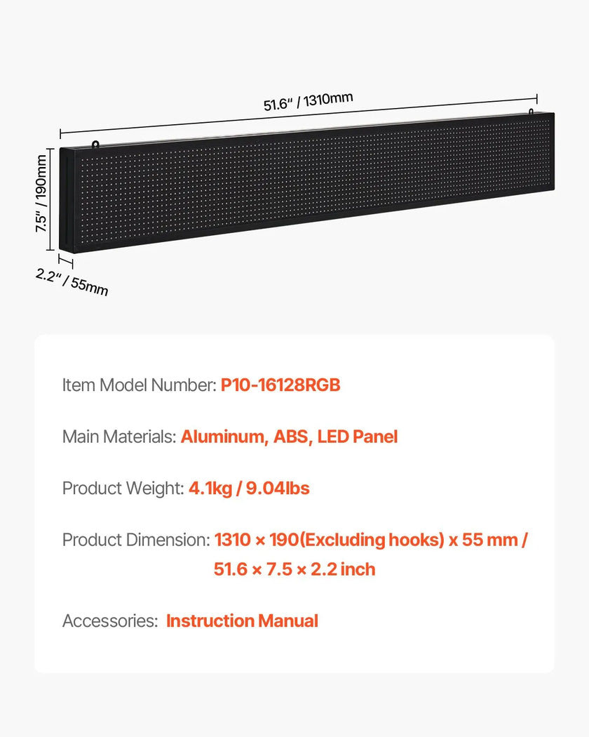 VEVOR 52x8in Programmable LED Sign Digital Scrolling Display Board P10 Fullcolor