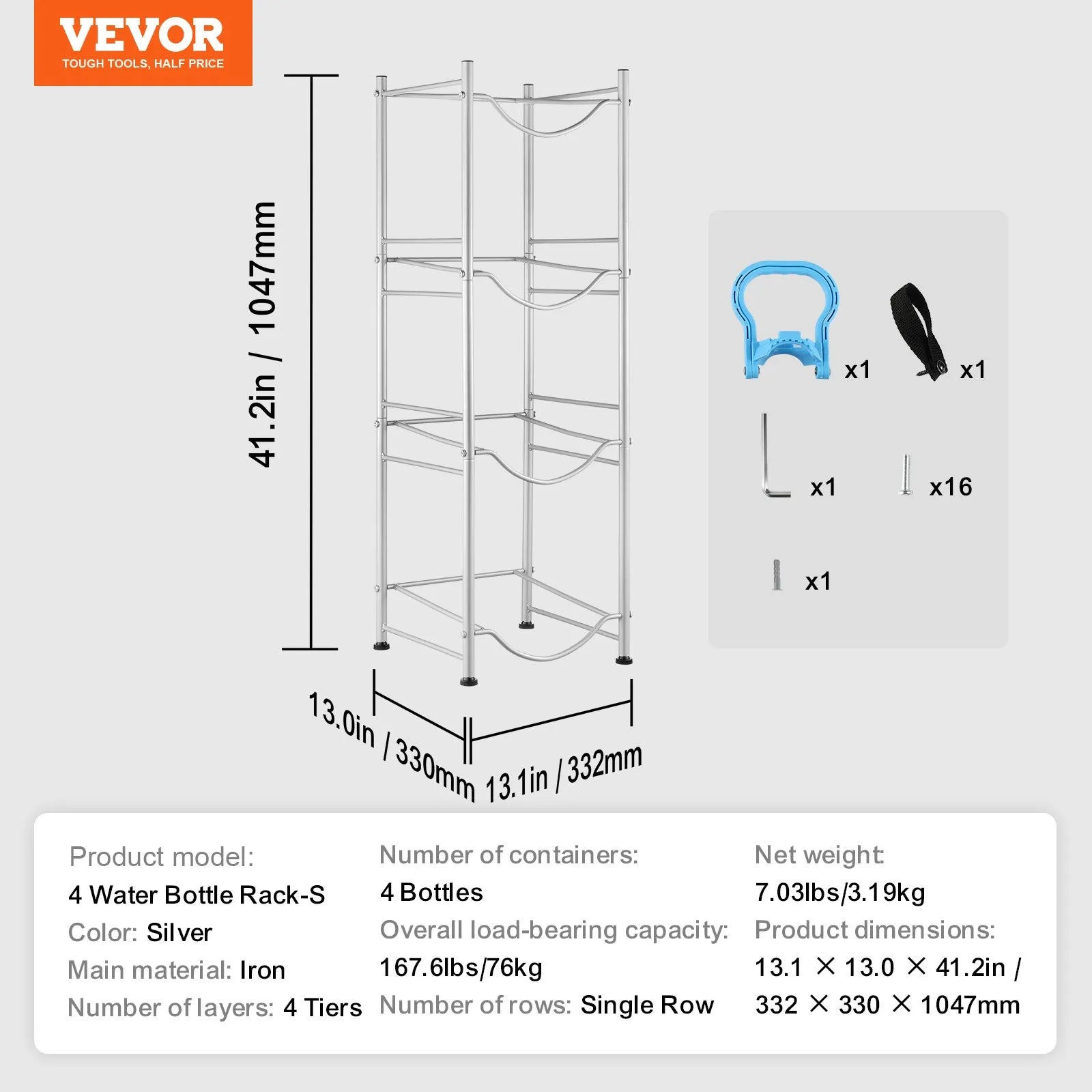 VEVOR 4 Tiers Water Jug Holder Single Row Water Bottle Rack for 4 Bottles Silver