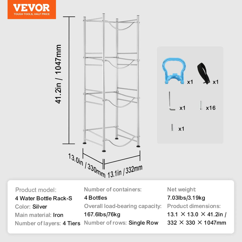 VEVOR 4 Tiers Water Jug Holder Single Row Water Bottle Rack for 4 Bottles Silver