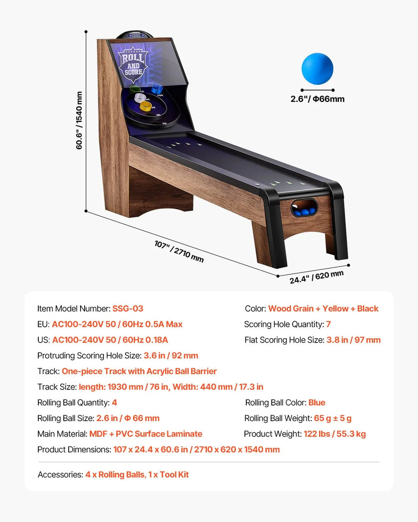 VEVOR 9 ft Roll & Score Arcade Game Table Electronic Scorer Game Room 4 Balls
