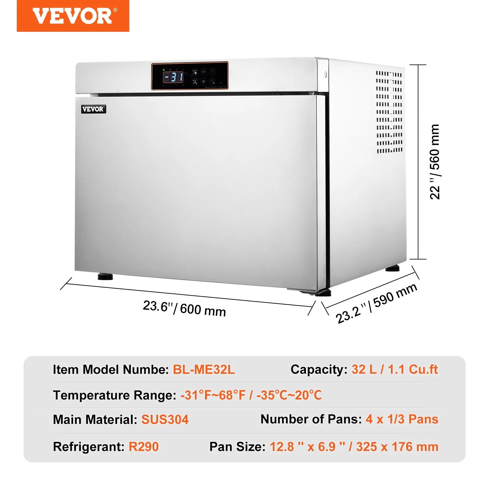 VEVOR 32L Commercial Blast Freezer 4 Trays Blast Chiller Chest Seafood Ice Cream
