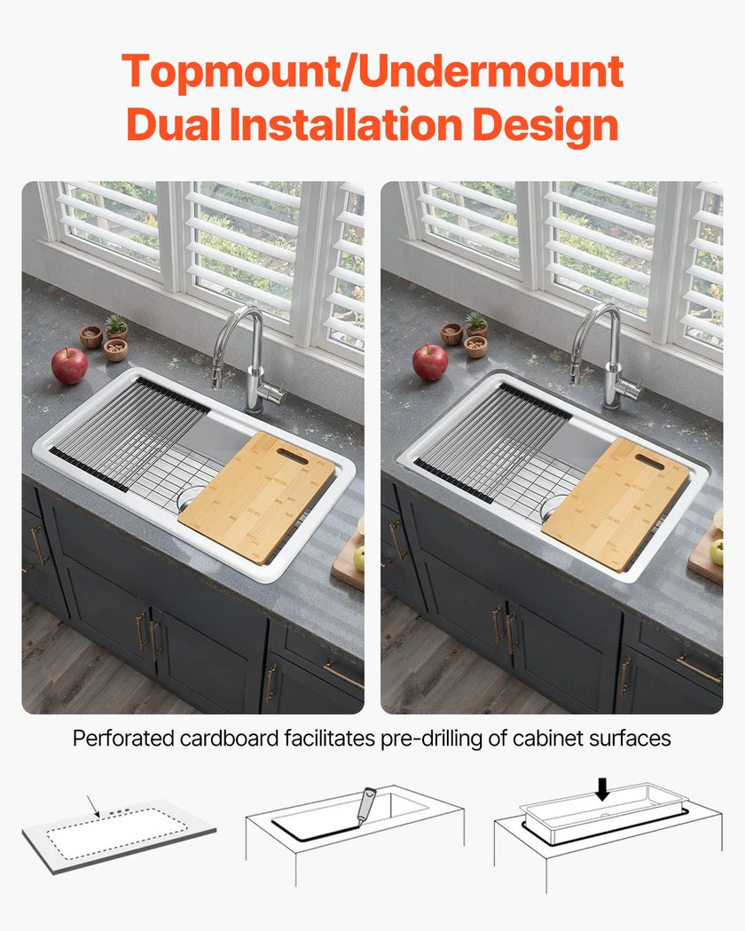 VEVOR 33in Farmhouse Sink Topmount Undermount Kitchen Single Bowl Basin Fireclay
