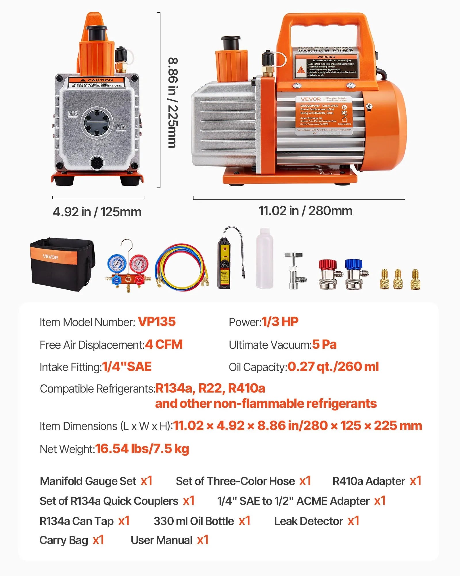 VEVOR 4 CFM HVAC Single Stage Rotary Vane Vacuum Pump and Manifold Gauge Kit