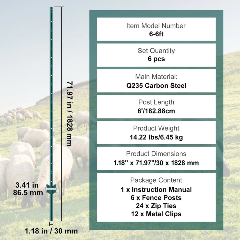 VEVOR 6 Feet Fence Post 6 Pack T-Post Heavy Duty Metal Fence Posts Green