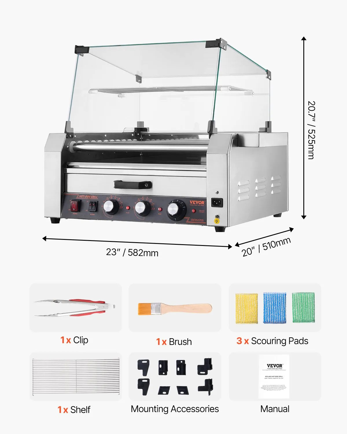 VEVOR 30 Hot Dog 11 Roller Electric Grill Cooker Machine Bun Warmer Cover 1950W