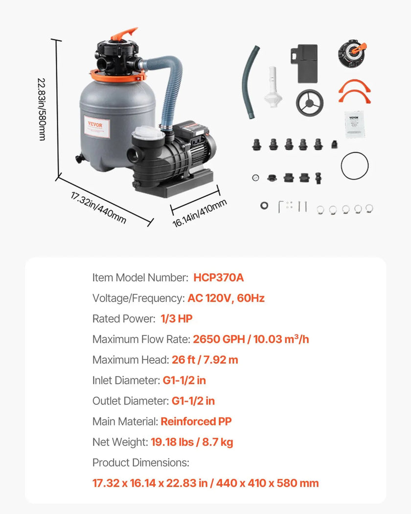 VEVOR 12 in Sand Filter Pump for Above Ground Swimming Pools 1/3 HP 2650 GPH