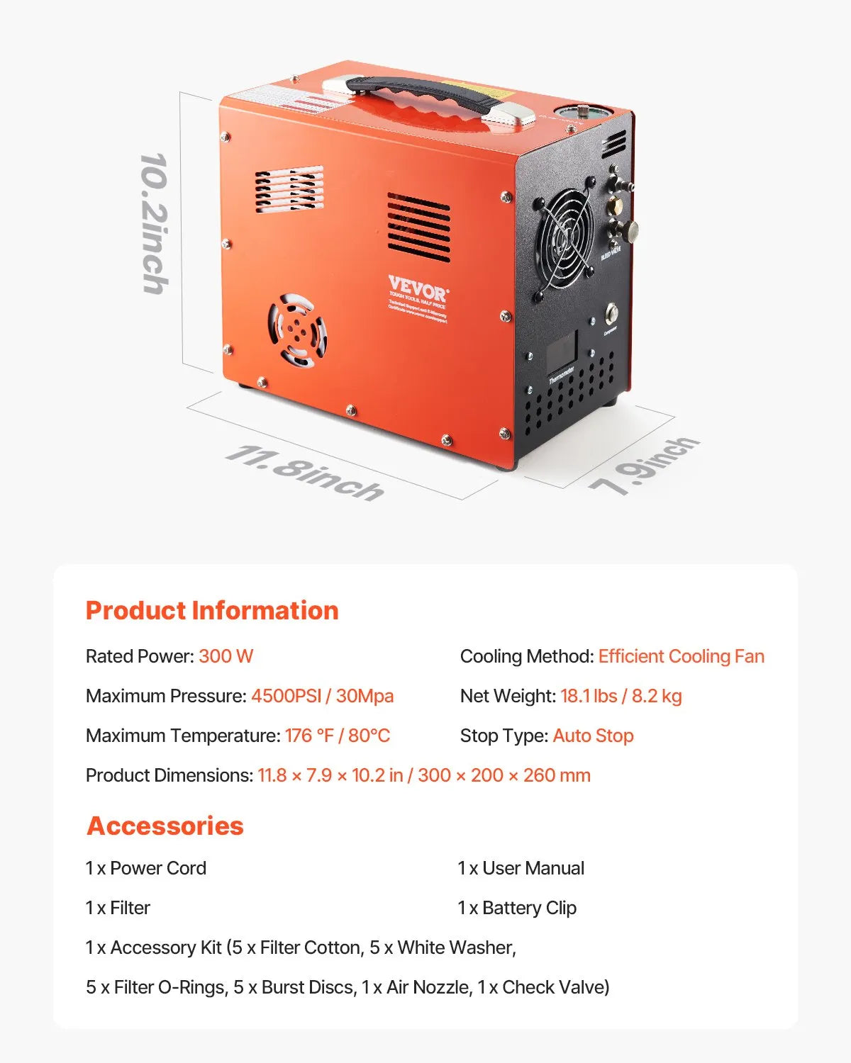 VEVOR PCP Air Compressor 4500PSI Auto-Stop Airgun Compressor Built-in Converter
