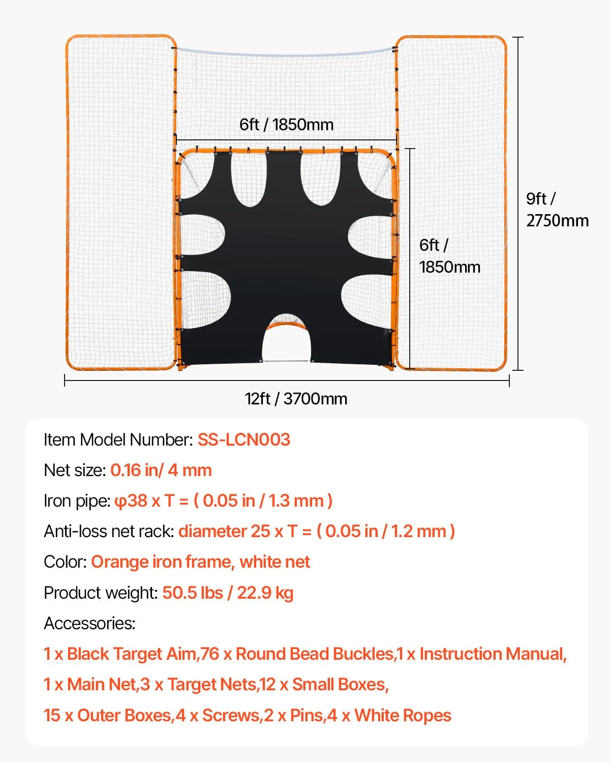 VEVOR 12x9 ft 3-IN-1 Lacrosse Goal Net with Backstop Target Rebounder Equipment