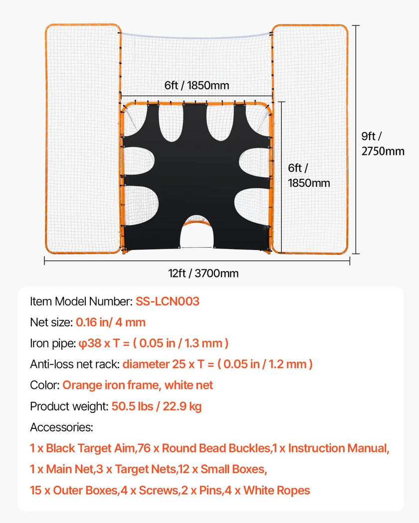 VEVOR 12x9 ft 3-IN-1 Lacrosse Goal Net with Backstop Target Rebounder Equipment