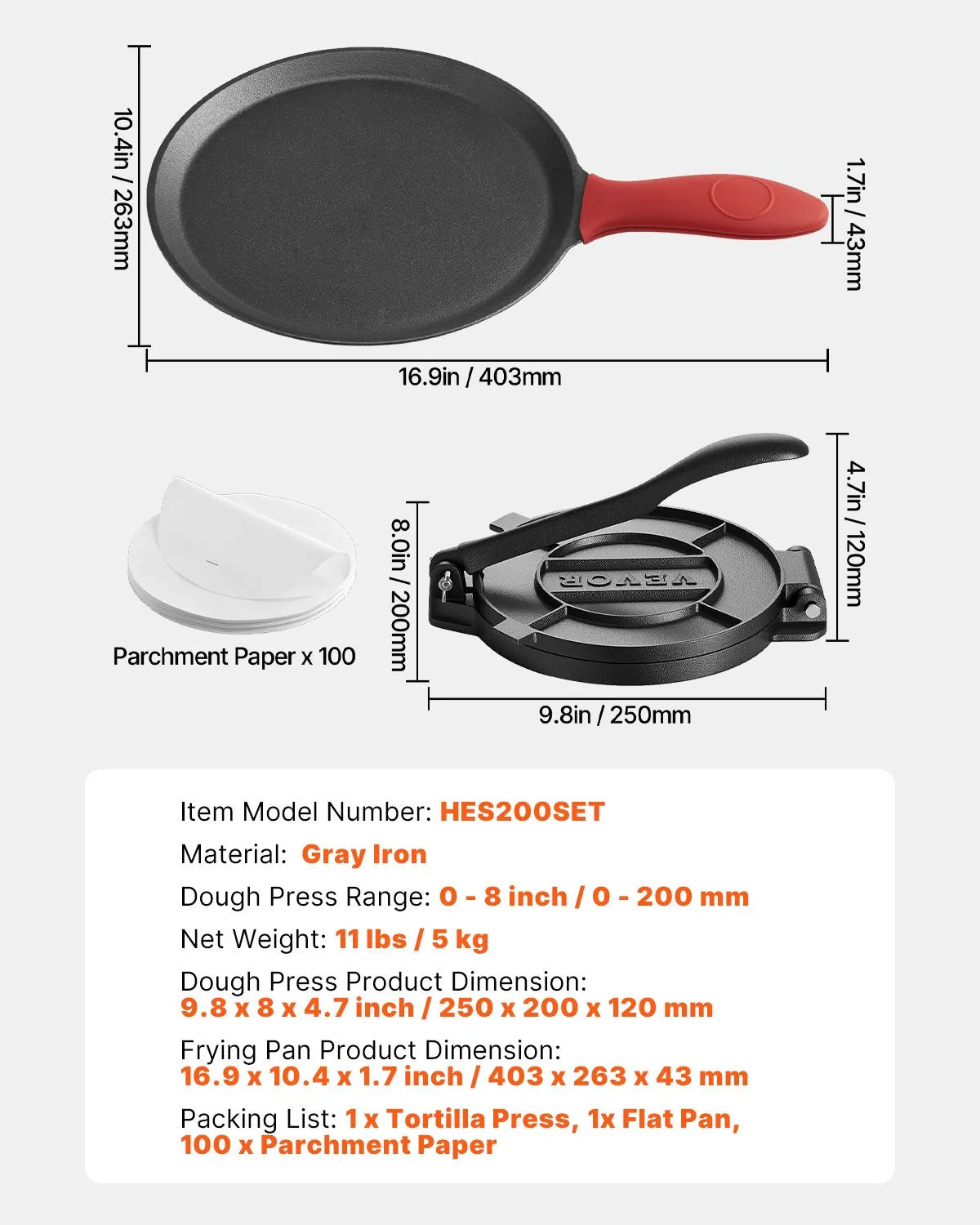 VEVOR 8 Inch Tortilla Press Chapati Maker Roti Dough Maker Heavy Duty Cast Iron