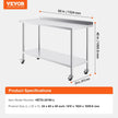 VEVOR 24 x 60 x 40 Inch Stainless Steel Work Table, Commercial Food Prep Worktable with Casters, Heavy Duty Prep Worktable, Metal Work Table with Adjustable Height for Restaurant, Home and Hotel