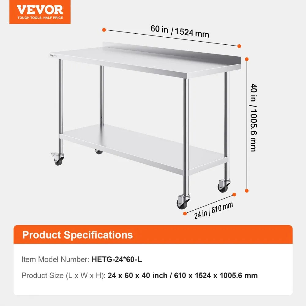 VEVOR 24 x 60 x 40 Inch Stainless Steel Work Table, Commercial Food Prep Worktable with Casters, Heavy Duty Prep Worktable, Metal Work Table with Adjustable Height for Restaurant, Home and Hotel