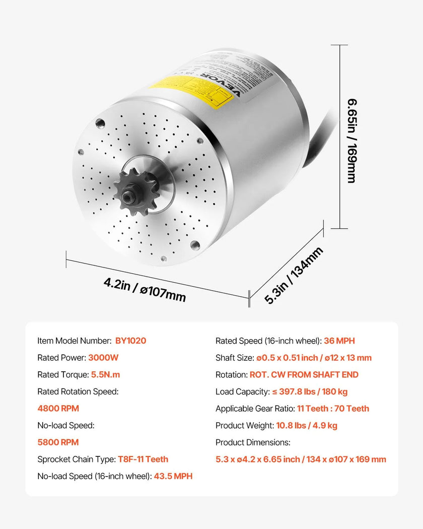 VEVOR 3000W Electric Brushless DC Motor 60V 4800rpm Motor for E-Bike Dirt Bike