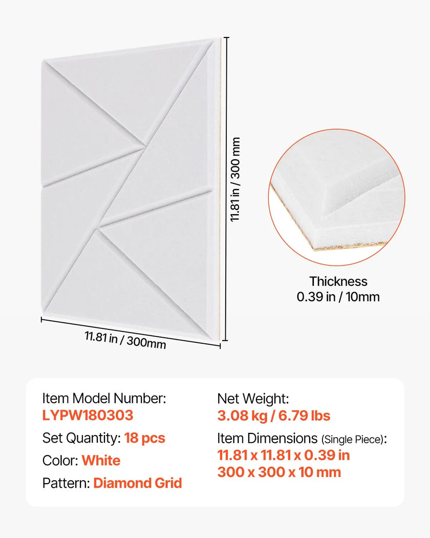 VEVOR 18 Pack Acoustic Wall Panels 11.8 x 11.8 x 0.4 inch Self-Adhesive White