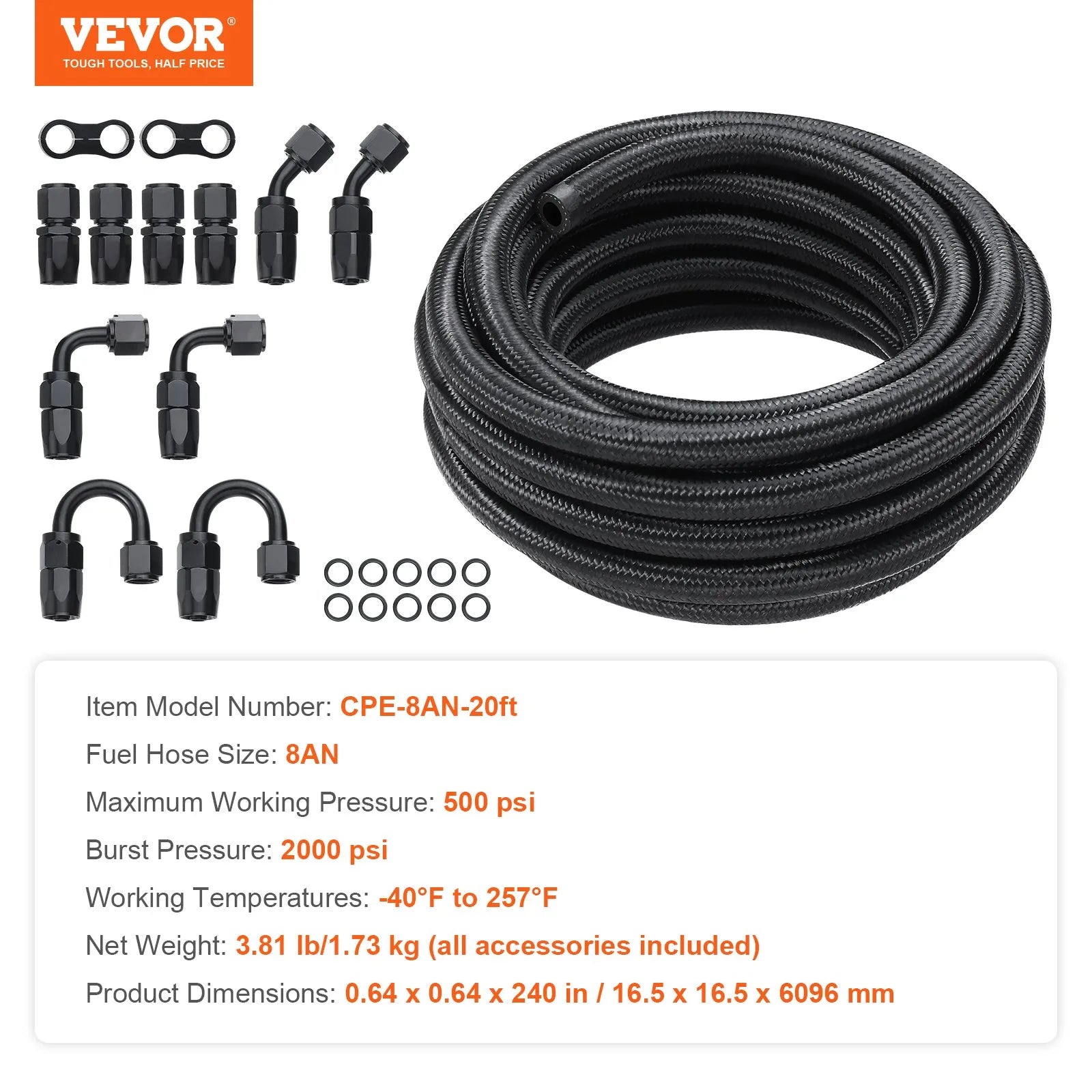 VEVOR 8AN Fuel Line Kit, 20 FT Fuel Hose Kit, 0.43