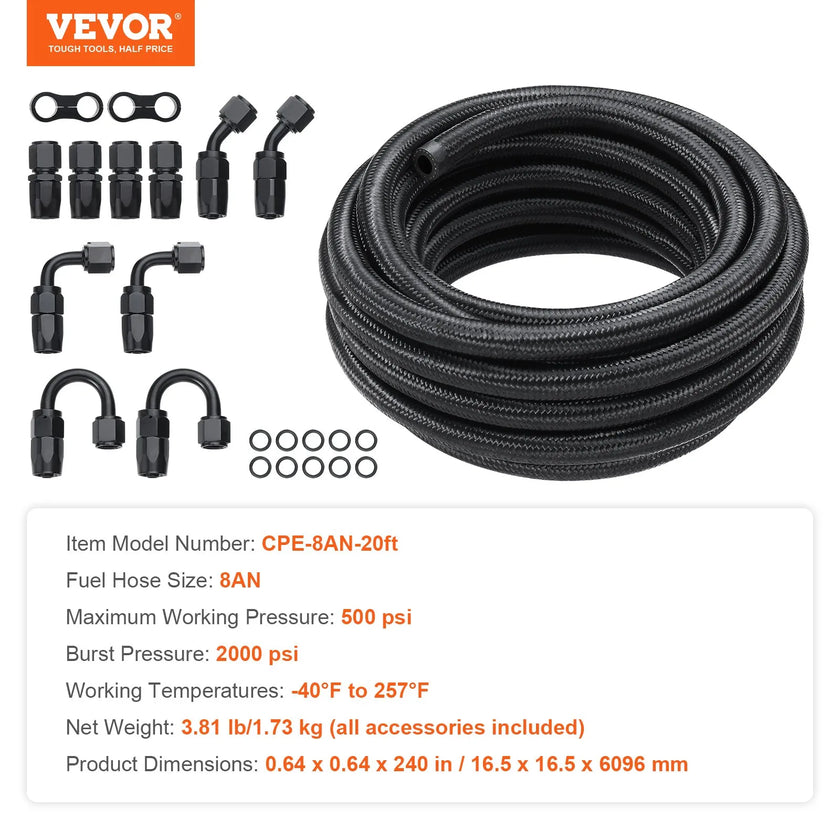 VEVOR 8AN Fuel Line Kit, 20 FT Fuel Hose Kit, 0.43