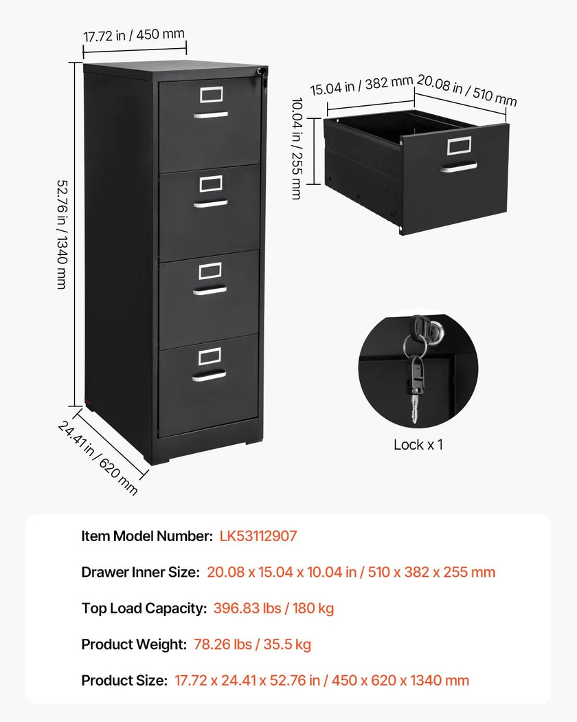 VEVOR 4 Drawer File Cabinet Metal Vertical Cabinet with Lock for Home Office