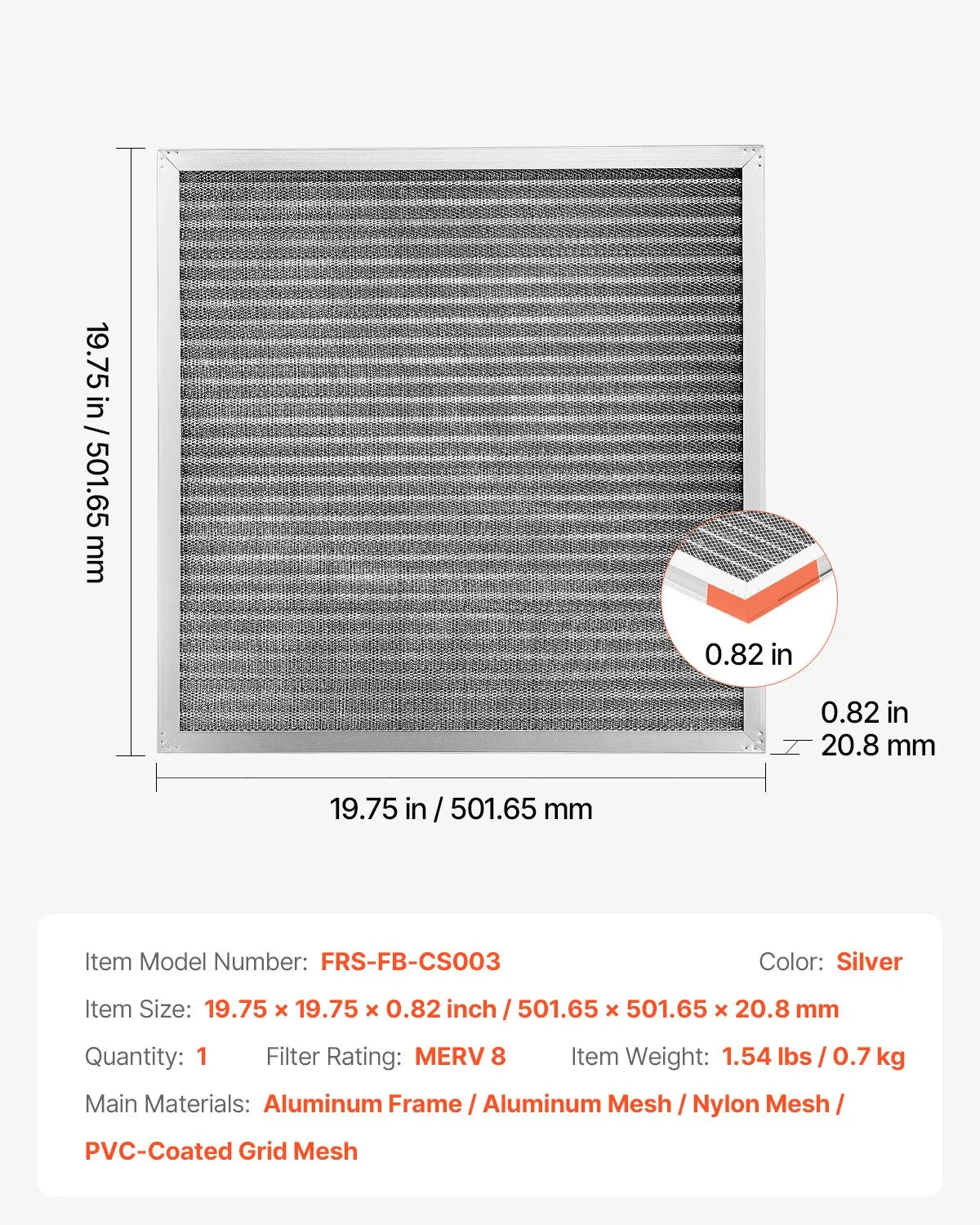 VEVOR 20x20x1 Aluminum Electrostatic Air Filter MERV 8 Actual 19.75x19.75x0.82