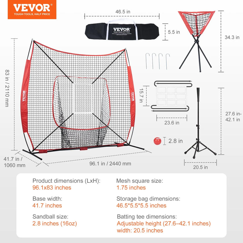 VEVOR 7x7 ft Baseball Softball Practice Net, Portable Baseball Training Net for Hitting Catching Pitching, Backstop Baseball Equipment with Bow Frame, Carry Bag, Strike Zone, Ball, Tee, Ball Collector