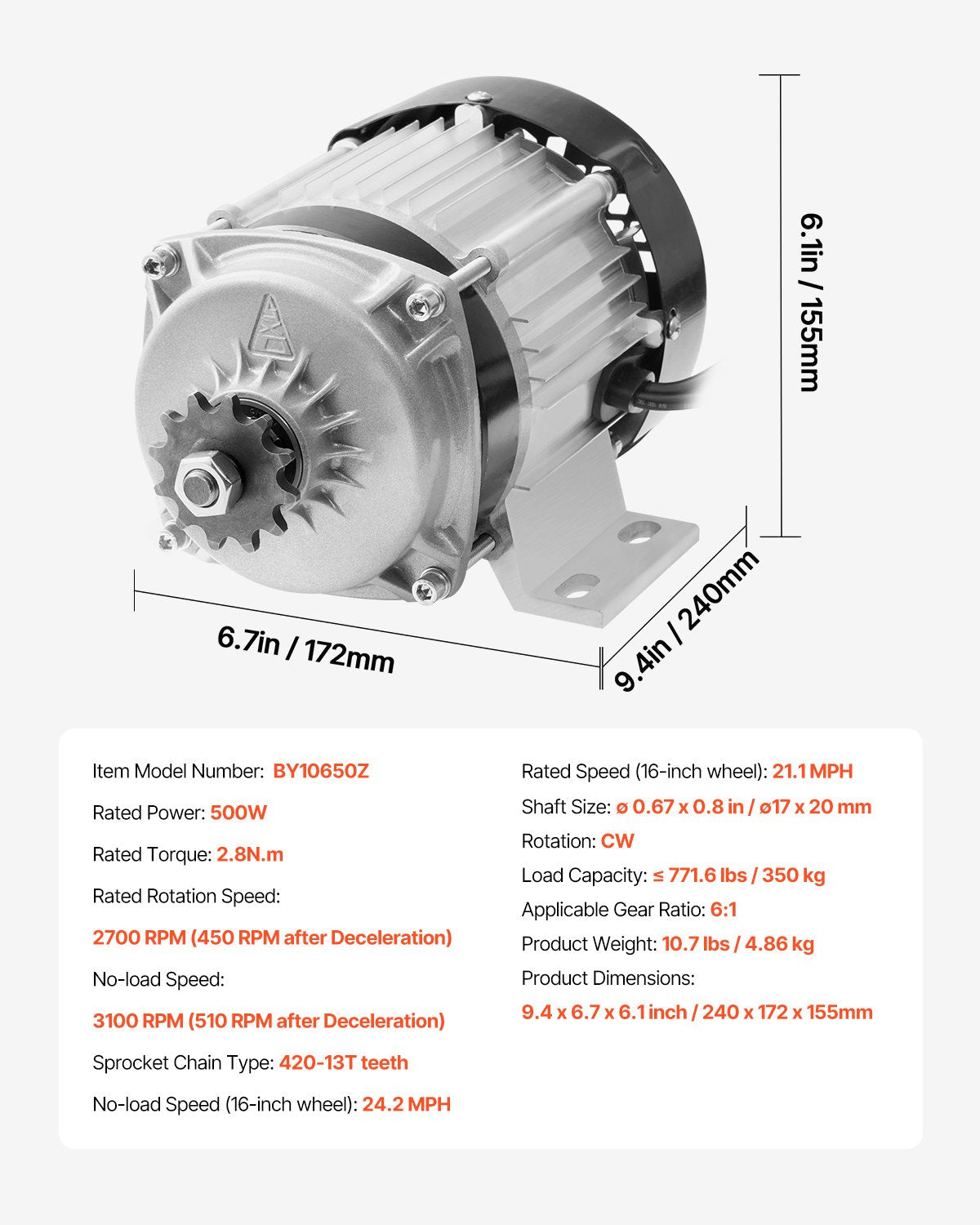 VEVOR 500W Electric Brushless DC Motor Kit 48V 2700rpm with Upgraded Controller