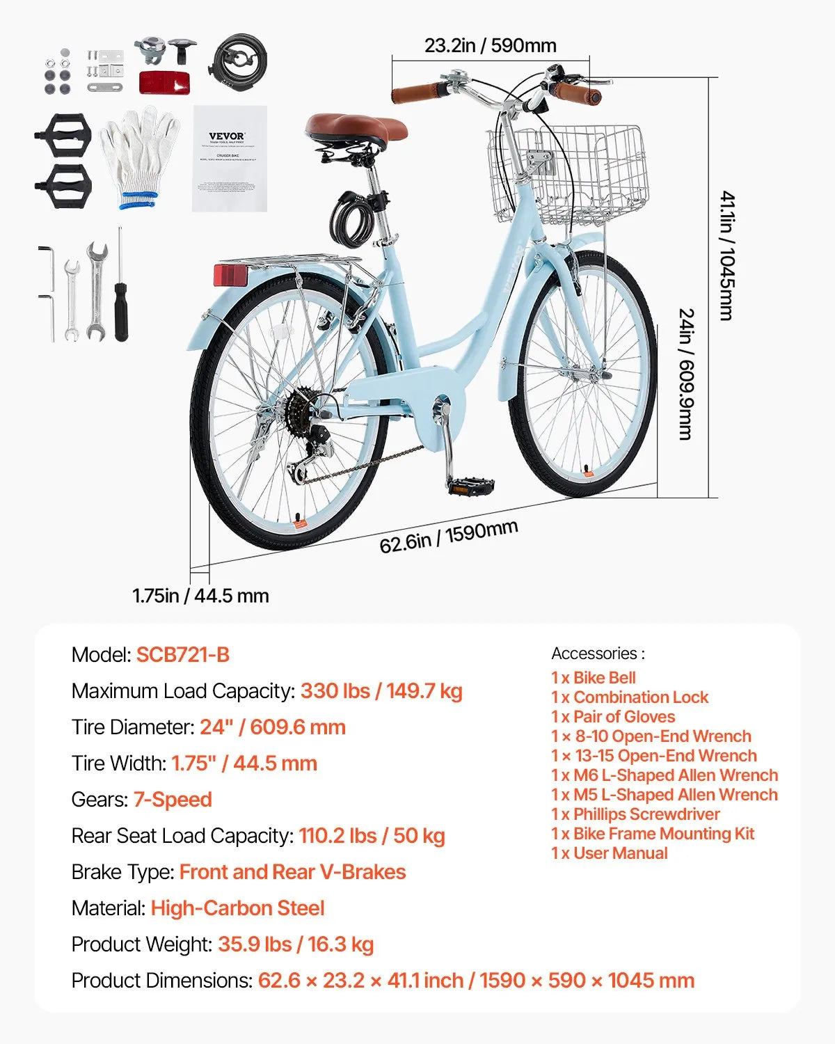 VEVOR 24-Inch Cruiser Bike 7-Speed Light Blue Beach Cruiser Bike with Basket