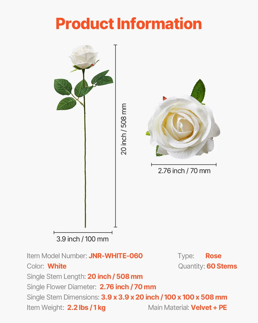 VEVOR 60 Pcs White Rose Artificial Flowers Realistic Bouquet for Xmas Home Decor
