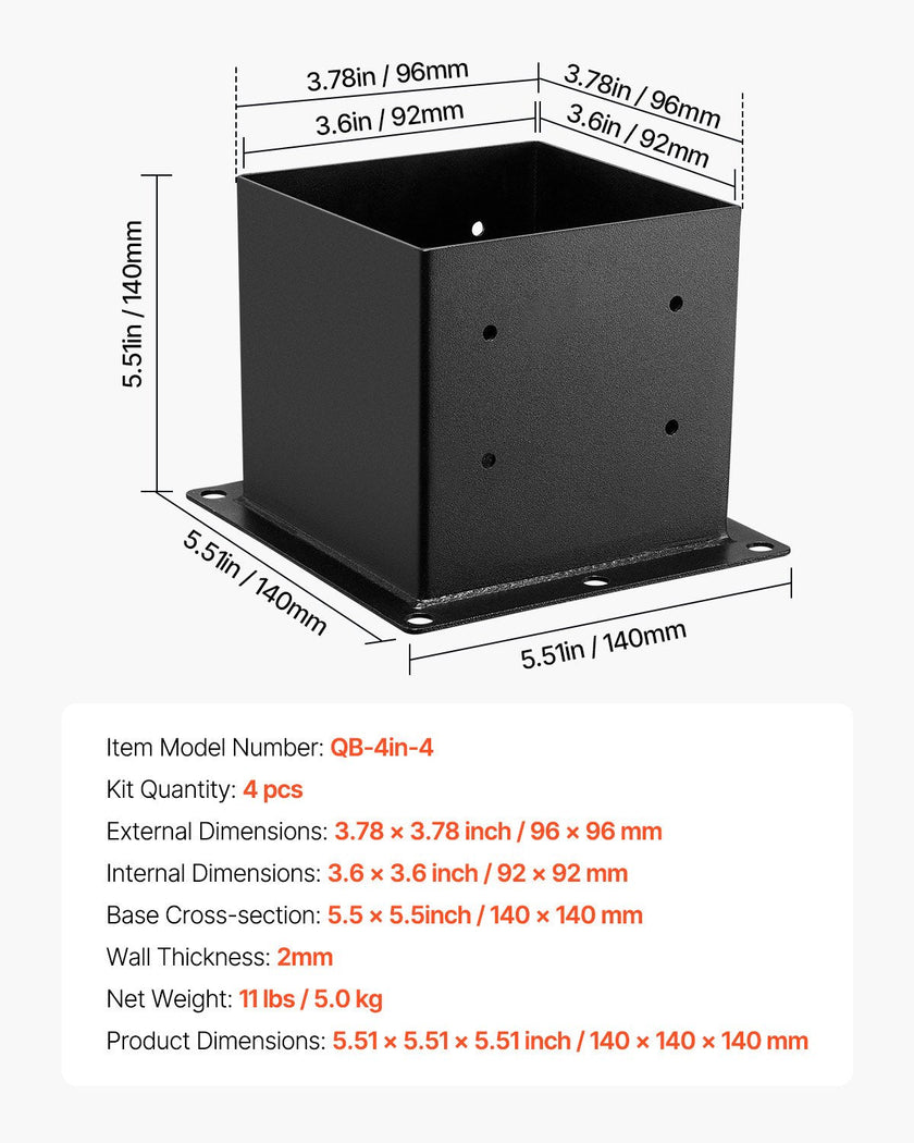 VEVOR 4 Pcs 4x4 Post Base Bracket Wood Fence Post Anchor Inner Size 3.6x3.6 in