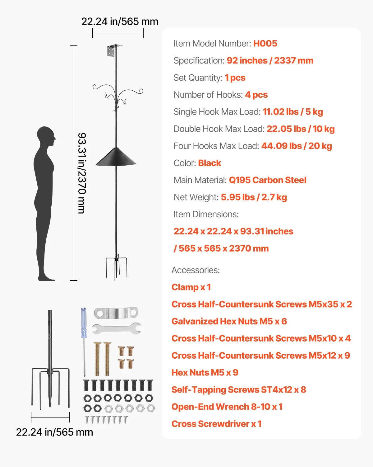 VEVOR 92 Inch Bird Feeding Station 4 Hook Wild Bird Feeder Stand Pole
