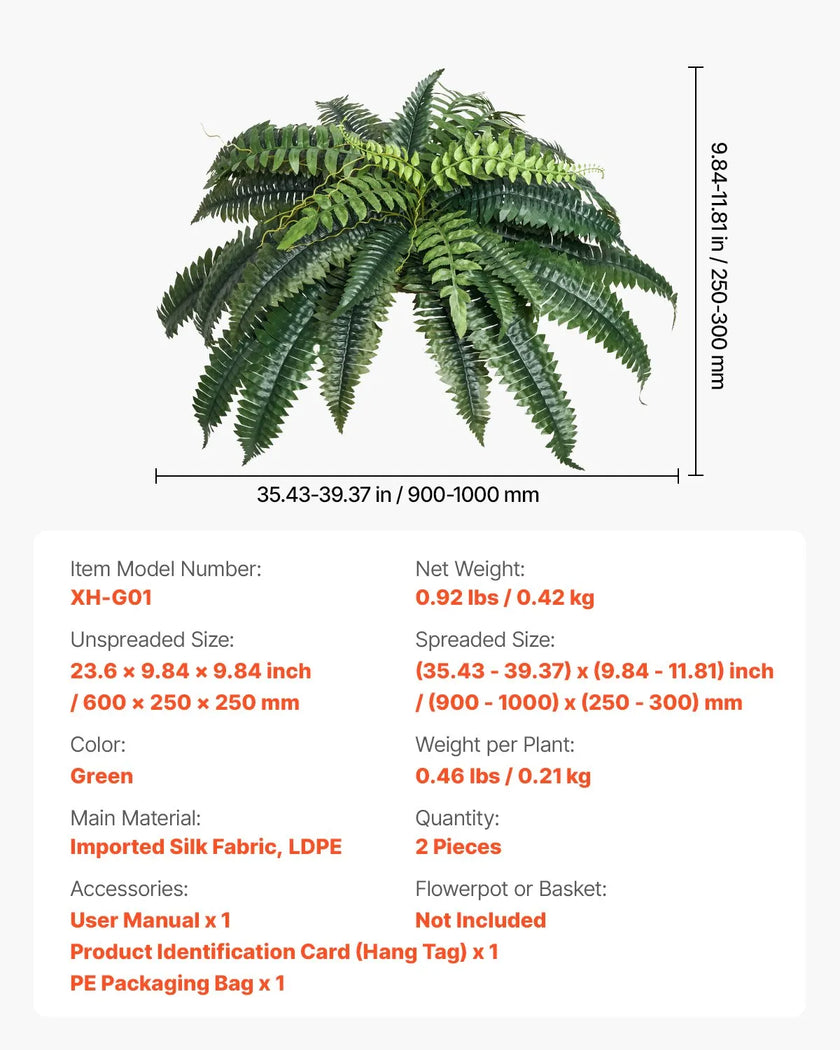 VEVOR 2Pcs Artificial Boston Ferns Plastic Fern 35 Branches Indoor Outdoor Decor