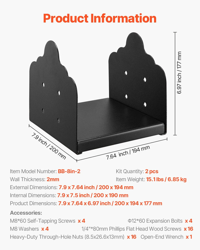 VEVOR 2 Pcs 8x8 Post Base Bracket Wood Fence Post Anchor Inner Size 7.9x7.5 in